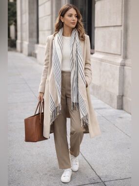 VERA BRADLEY Women's Tan Black White Striped Fringed Shawl Throw Blanket Wrap